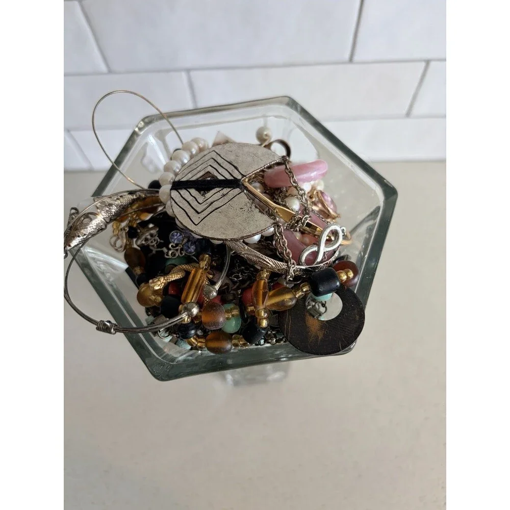 Vtg Mystery Jewelry Jar Mixed Metal Gold & Silver Tone Necklace Bracelet Ring